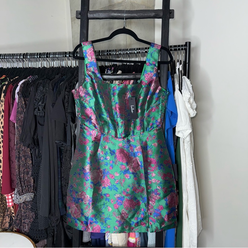 Lulus Compelling Drama Green Floral Jacquard Lurex Bustier Mini Dress Medium New - Picture 8 of 15